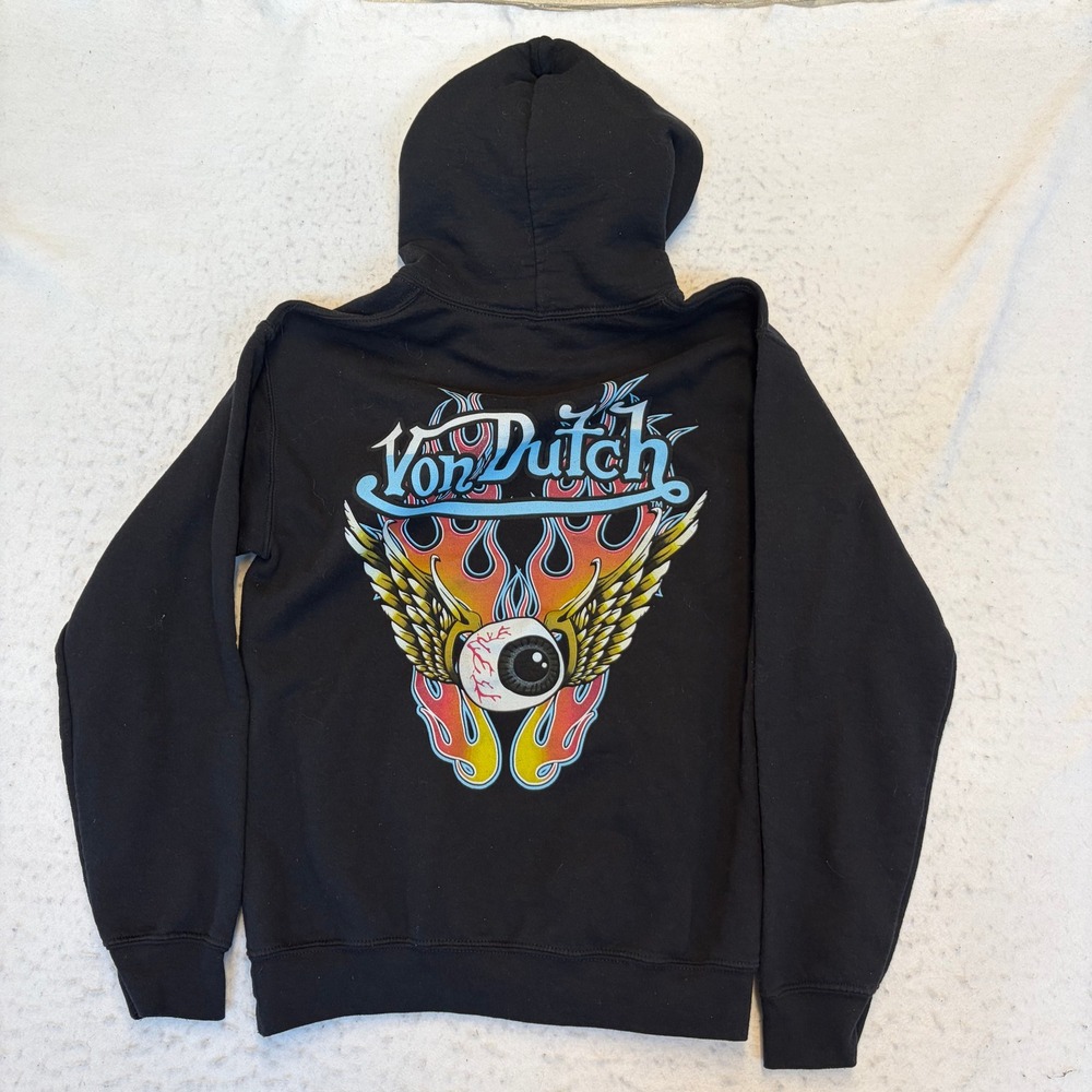Von Dutch Hoodie Mens Small Black Flying Eyeball Graphic Pullover